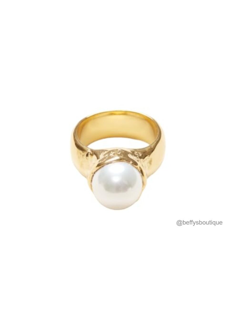 18K Gold Plated Titanium Signet Ring with Faux Pearl Bezel Stacking Minimalist